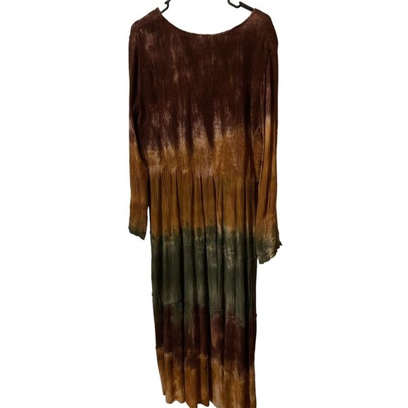 FRAZZLE Maxi Dress Tie Dye Mustard Green Multi Peasant Boho Hippie Womens Size L - Picture 3 of 5